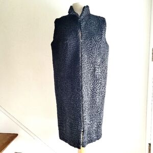 Swakara Lamb 100% Genuine Fur Funnel Neck Black Textured Long Vest Coat M/ L